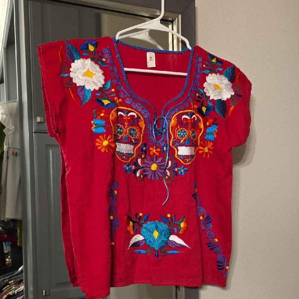 Red Embroidered Top with Floral and Skull Design - Picture 3 of 6